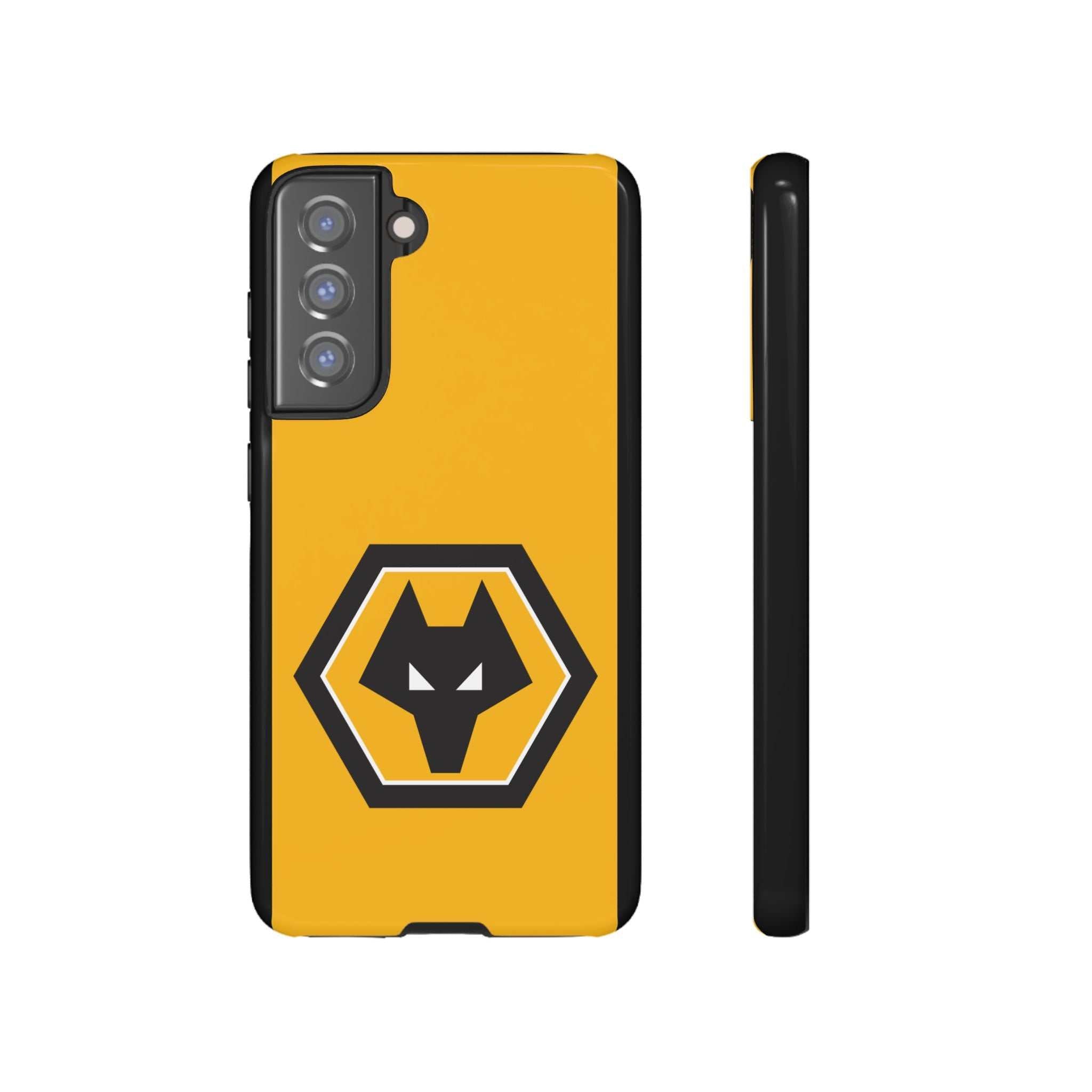 Wolves FC magnetic Samsung case in gold and black with club-inspired crest, dual-layer protection, and wireless charging compatibility