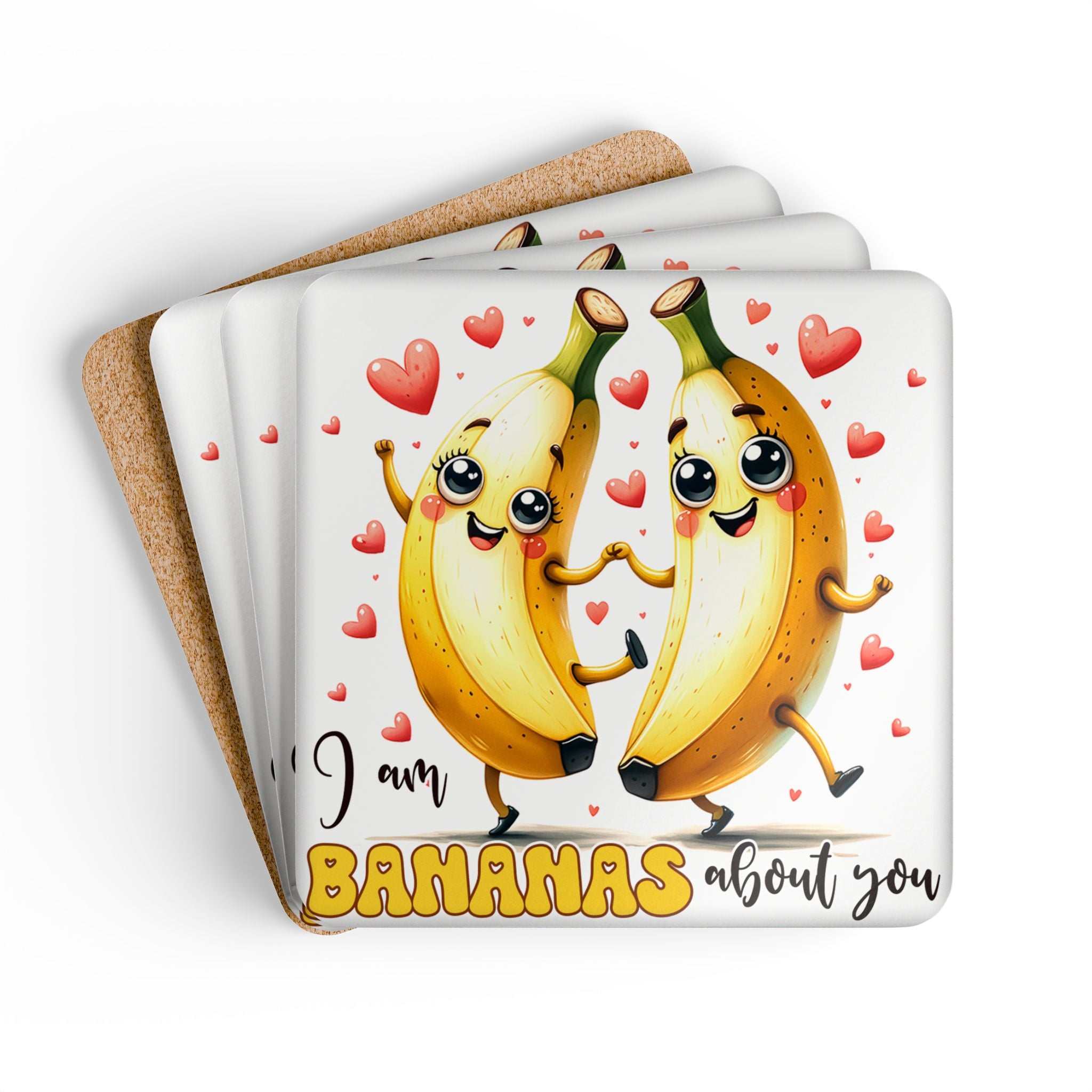 Bananas About You Coaster Set with playful banana design, cork back, set of four.