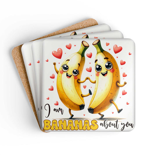 Bananas About You Coaster Set with playful banana design, cork back, set of four.