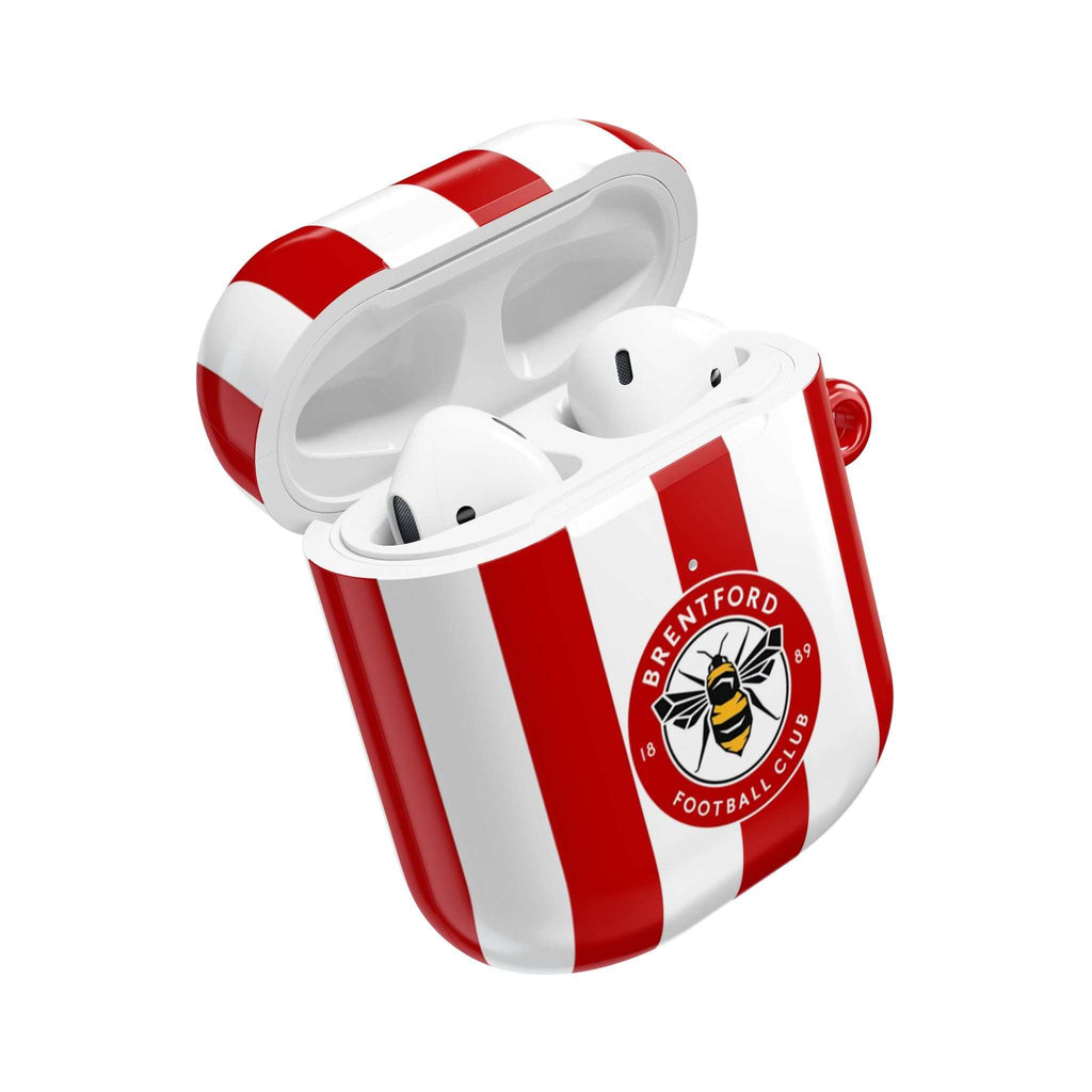 Brentford FC AirPods protective case with red and white stripes and bee crest, shock-resistant and compatible with AirPods and AirPods Pro.