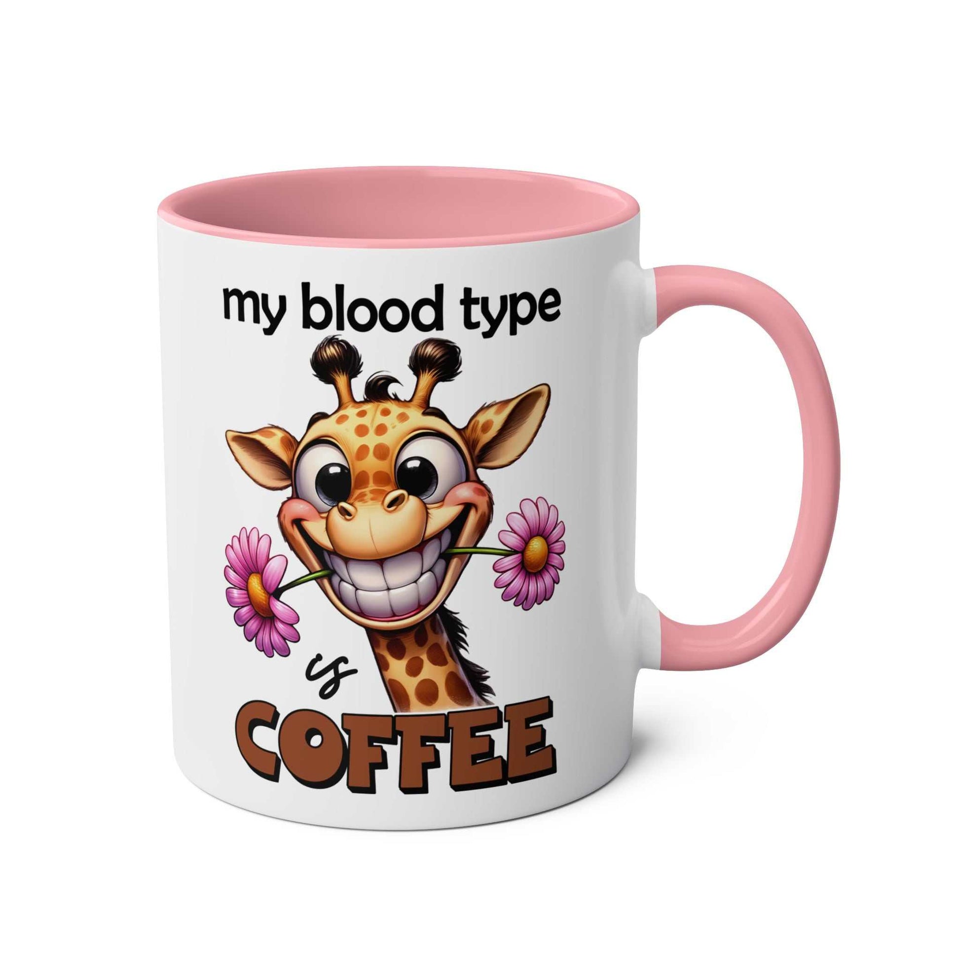 Funny giraffe coffee mug with "My Blood Type is Coffee" message, pink handle.