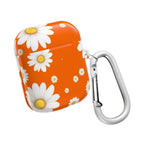 Orange Daises AirPods protective case with white daisy design and carabiner clip, compatible with AirPods and AirPods Pro