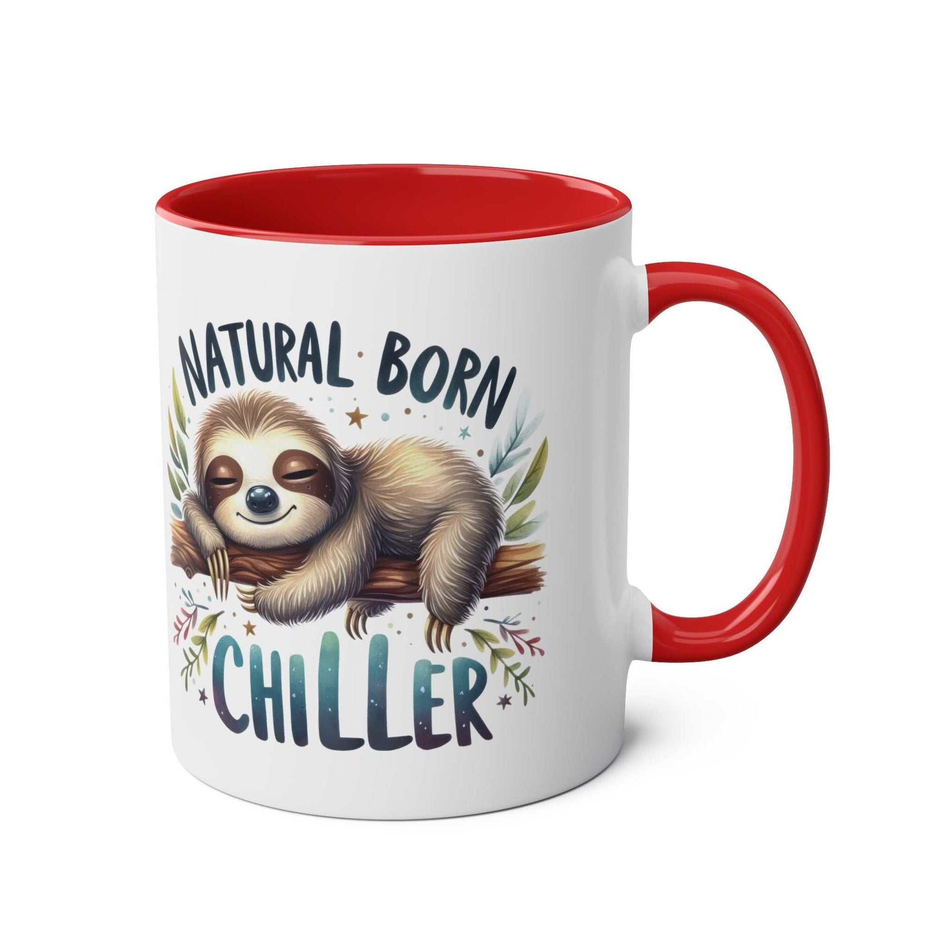 Cute sloth coffee mug with red handle and "Natural Born Chiller" design.