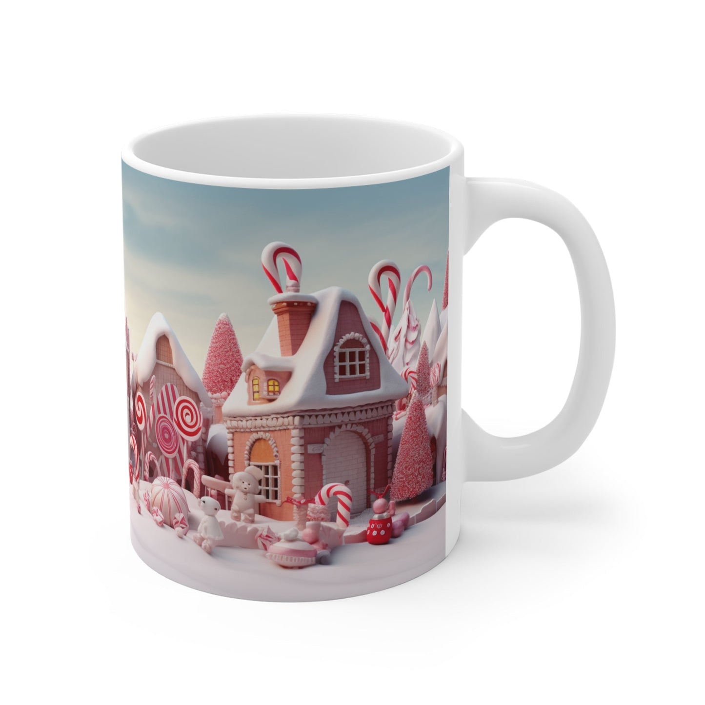 Candy Town Christmas Mug with festive design, 11oz ceramic, glossy finish, microwave and dishwasher safe.