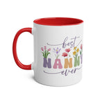 Best Nanny Ever Mother's Day gift mug with colorful floral design, red handle, and inner color.