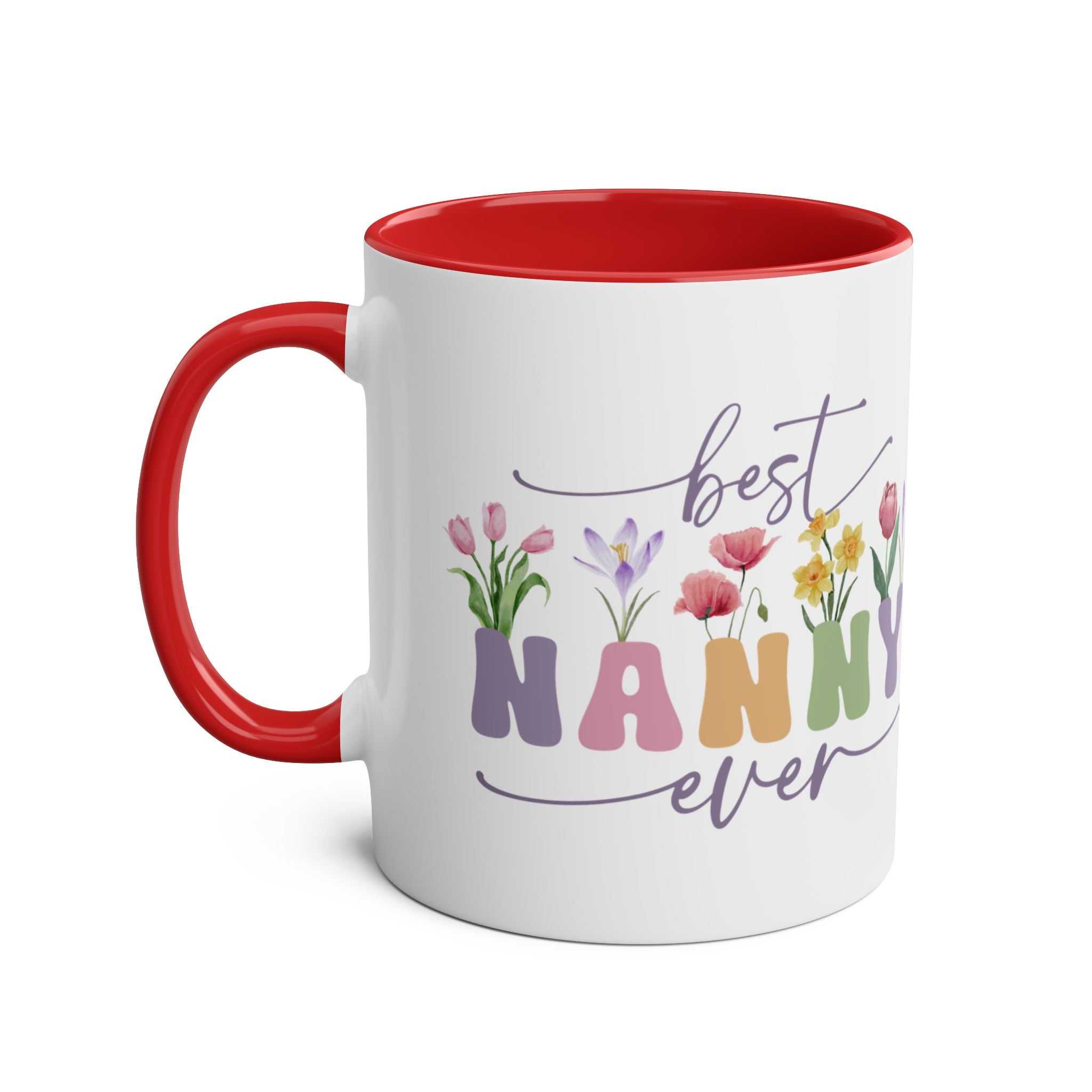 Best Nanny Ever Mother's Day gift mug with colorful floral design, red handle, and inner color.