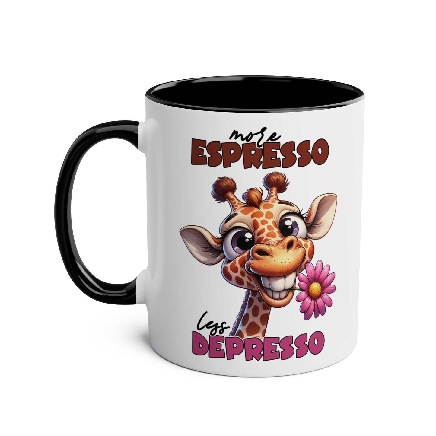 More Expresso Coffee Mug with giraffe design, 11oz ceramic, available in 7 colors.