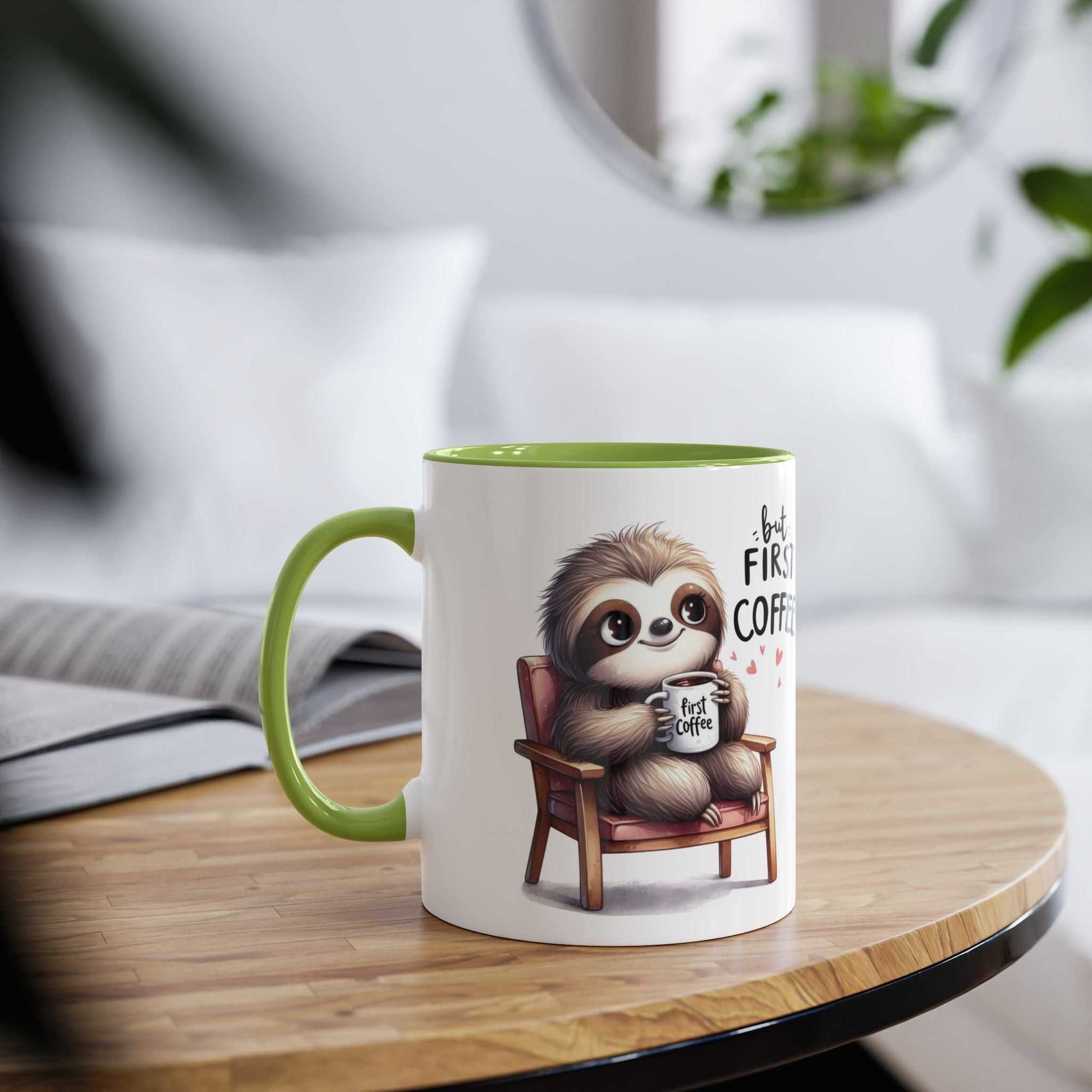 Cute sloth coffee mug with whimsical design, 11oz ceramic, glossy finish, microwave and dishwasher safe.