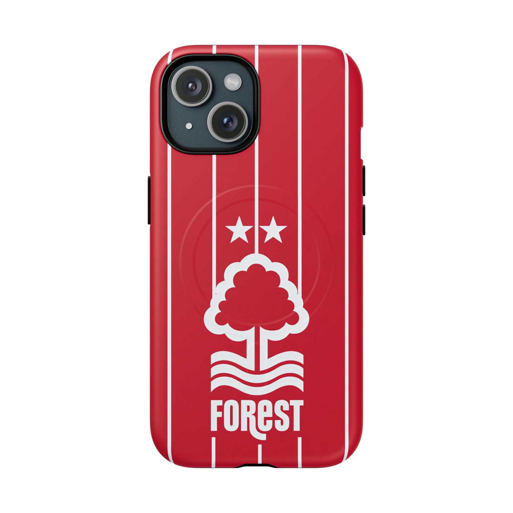 Nottingham Forest Magsafe iPhone Case in red with club crest and stripes, dual-layer protection, and MagSafe compatibility