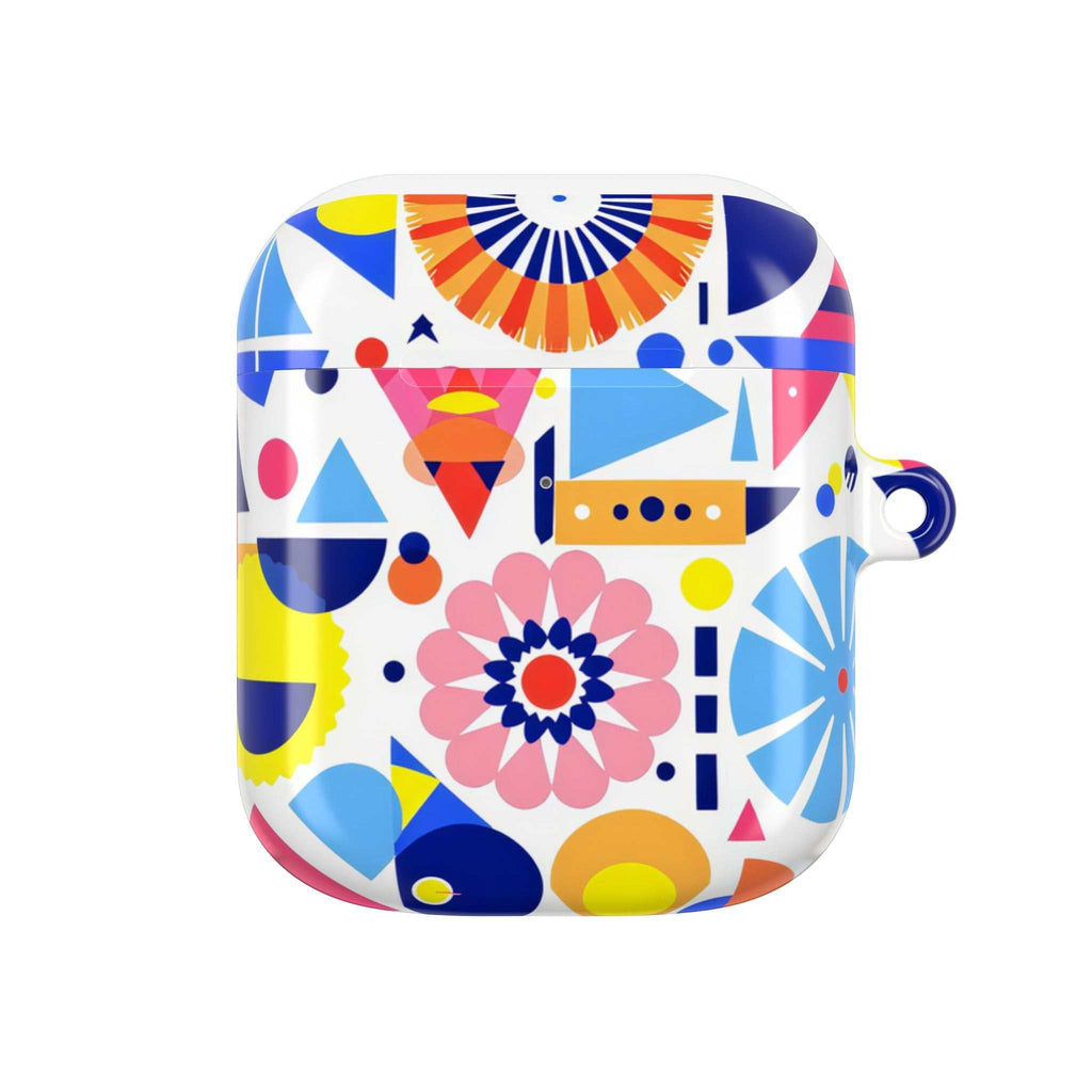 Bright geometric print protective hard shell case for AirPods and AirPods Pro with vibrant colors and glossy finish