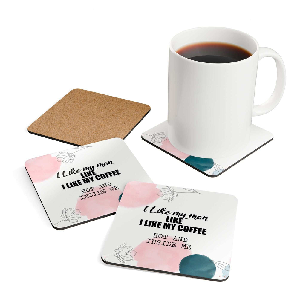 Cheeky Fun Coaster Set with quirky designs and playful messages, high-gloss MDF top, cork backing, and rounded corners.