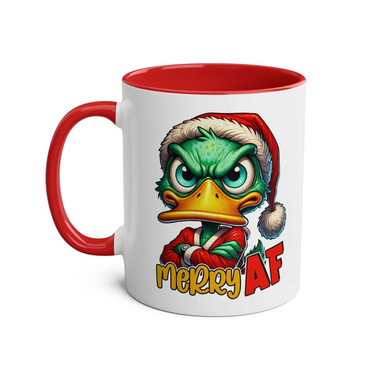 Novelty Christmas mug with sassy duck design, red handle, available in 7 colors, 11oz ceramic, microwave and dishwasher safe.