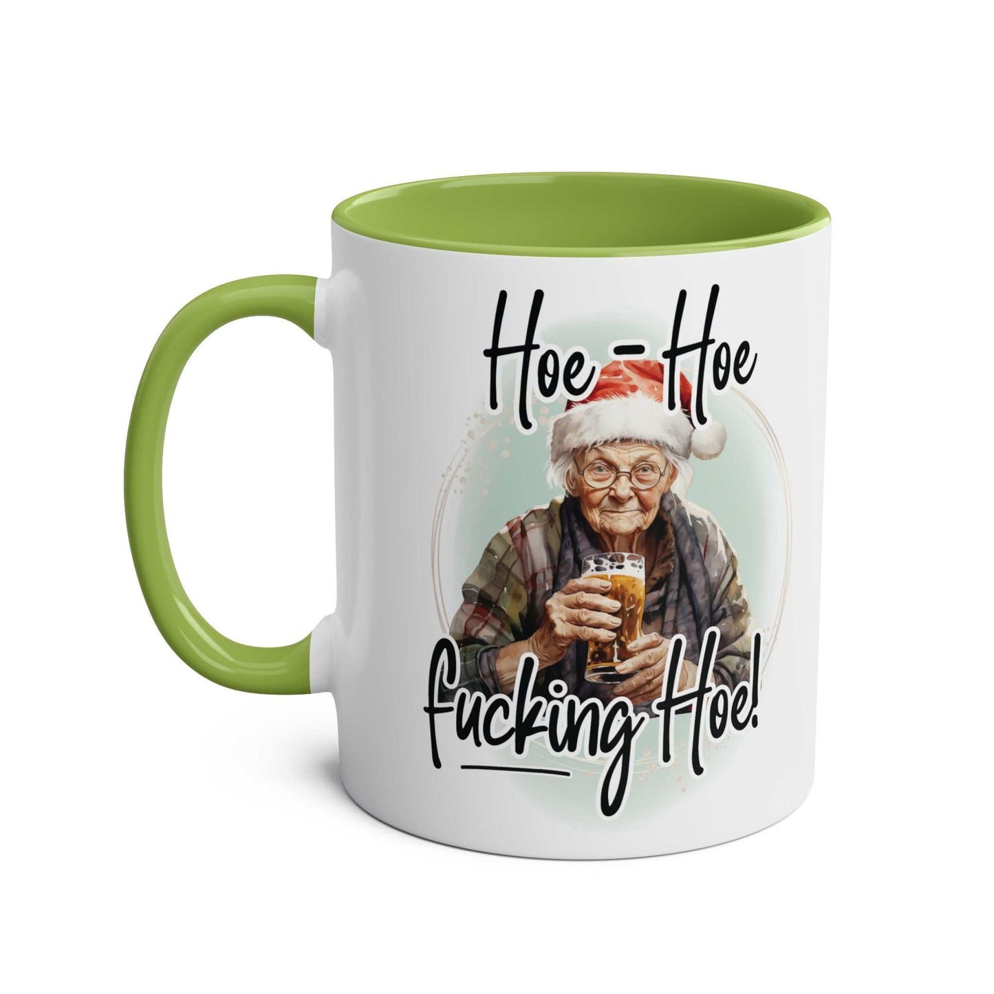 Festive sweary granny Christmas mug with cheeky design, green interior, ceramic, 11oz.