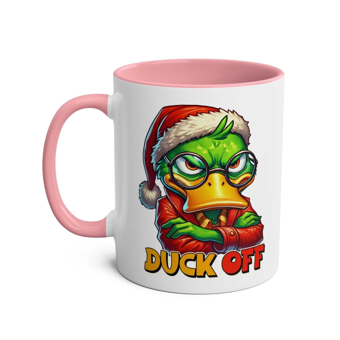 Sarky Christmas mug with duck design and festive humor, 11oz glossy ceramic, pink handle.