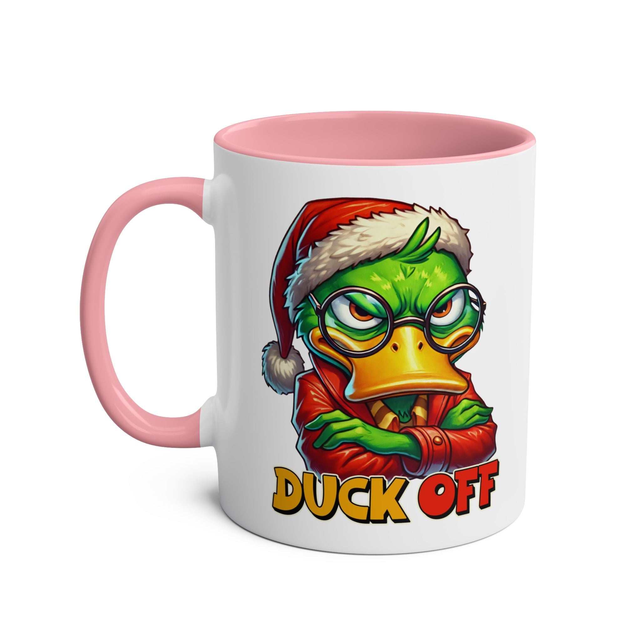 Sarky Christmas mug with duck design and festive humor, 11oz glossy ceramic, pink handle.