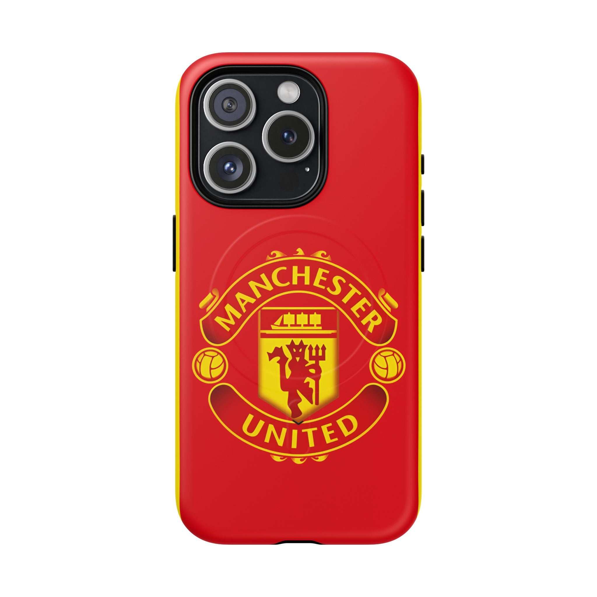Manchester United MagSafe iPhone case with red and yellow team crest, dual layer protection, and wireless charging compatibility