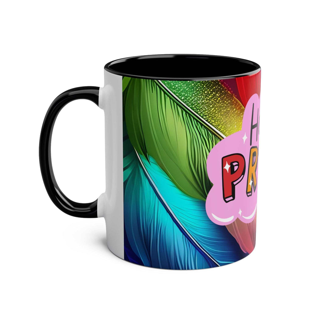 LGBTQ+ Pride Mug with vibrant rainbow design, ceramic, glossy finish, 11oz, microwave and dishwasher safe.