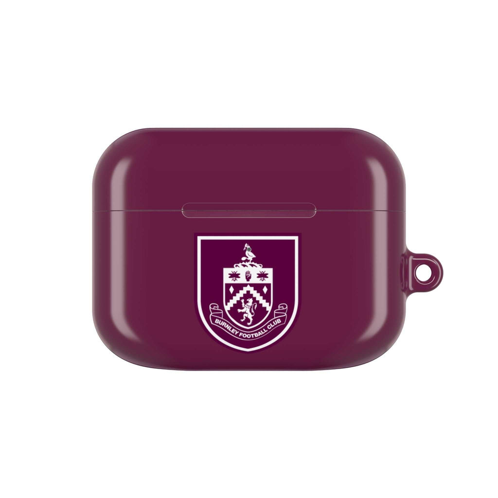 Burnley FC AirPods protective hard case in claret with club crest, shock-resistant and compatible with AirPods and AirPods Pro.