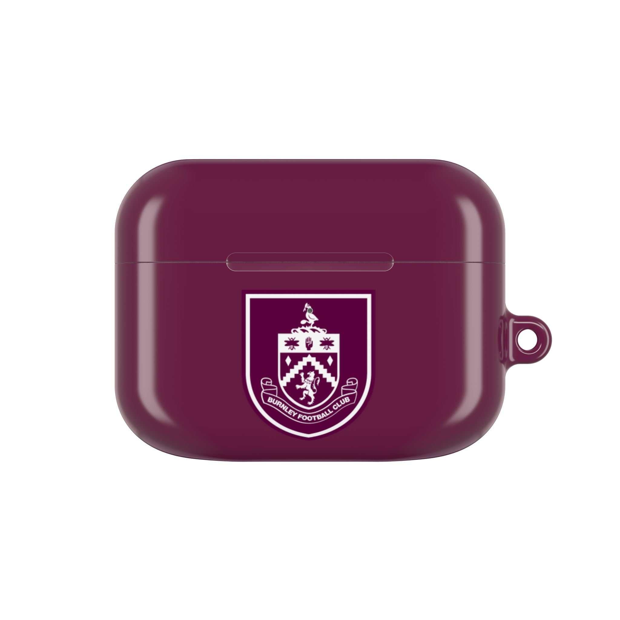 Burnley FC AirPods protective hard case in claret with club crest, shock-resistant and compatible with AirPods and AirPods Pro.