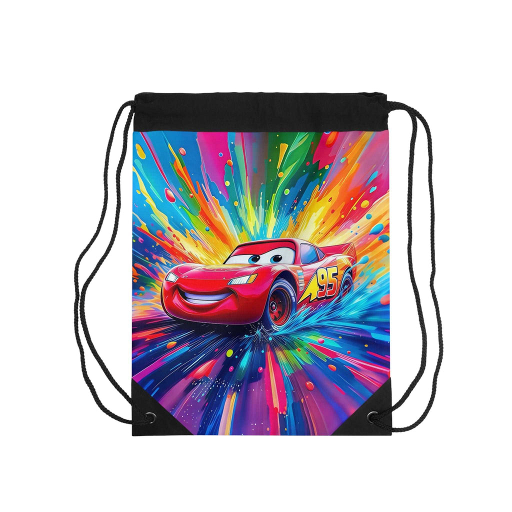 Cars-themed drawstring bag featuring a vibrant red race car design with lightweight, durable polyester construction and drawstring closure.