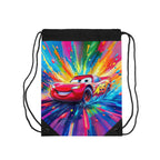 Cars-themed drawstring bag featuring a vibrant red race car design with lightweight, durable polyester construction and drawstring closure.
