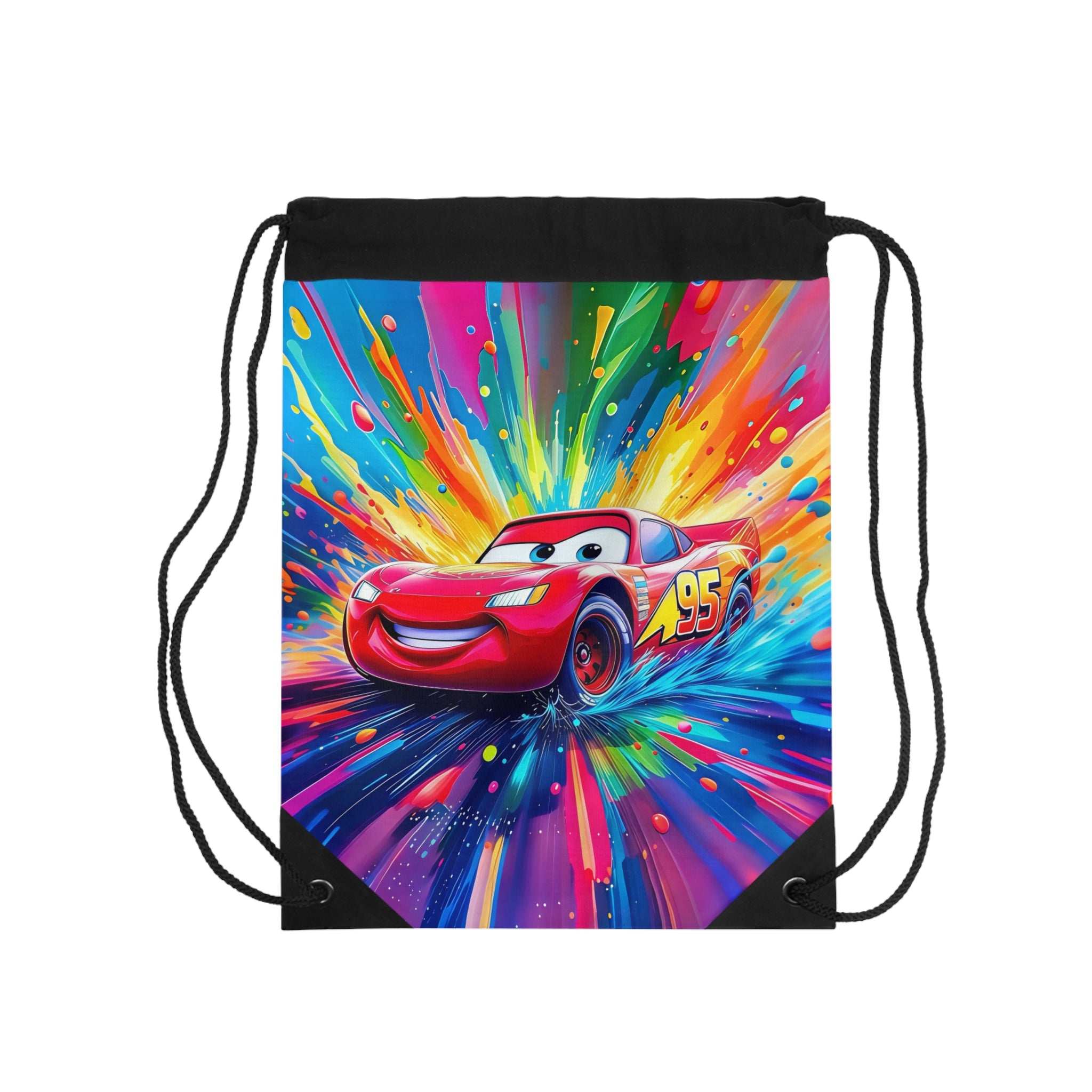 Cars-themed drawstring bag featuring a vibrant red race car design with lightweight, durable polyester construction and drawstring closure.