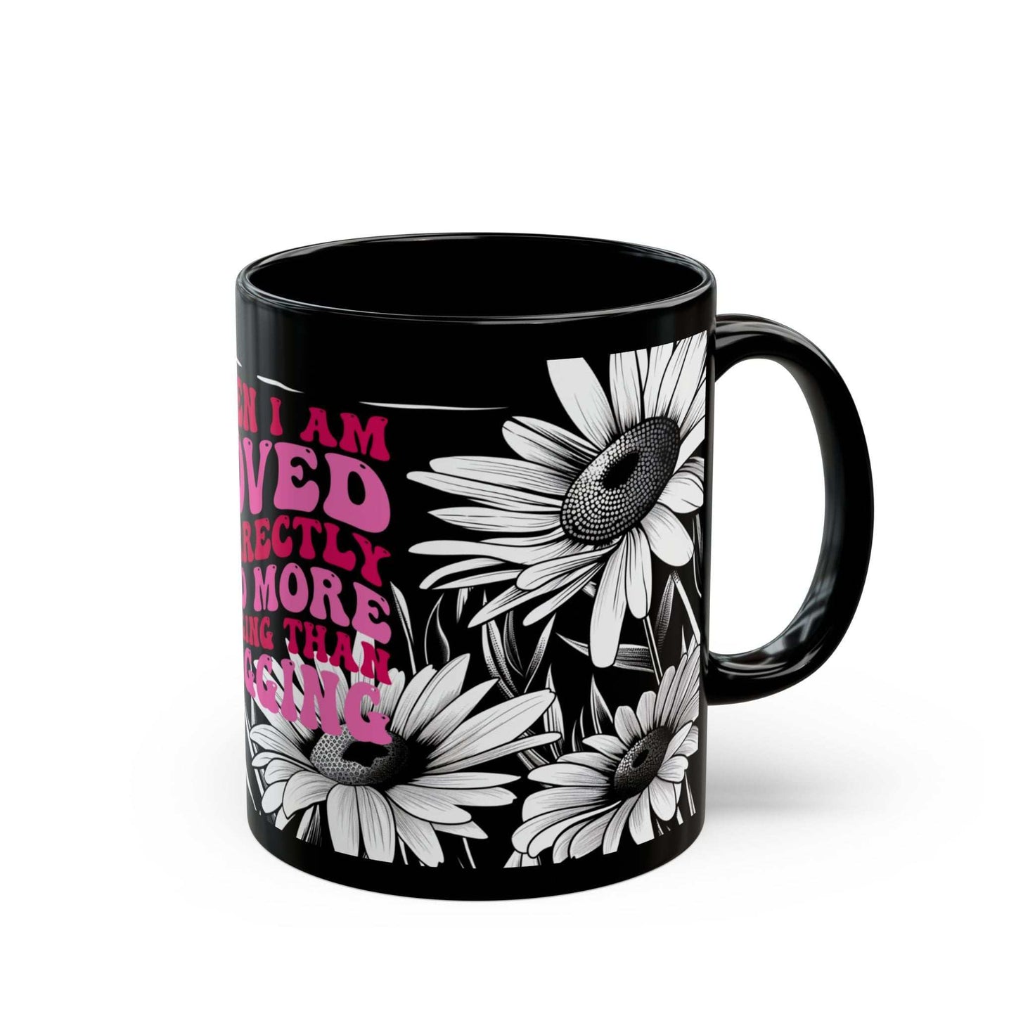 Cheeky Quote Black Ceramic Mug with playful design and rude quote, 11oz, glossy finish.