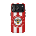 Brentford FC MagSafe iPhone case with red and white stripes and club crest, dual-layer protection, MagSafe compatible
