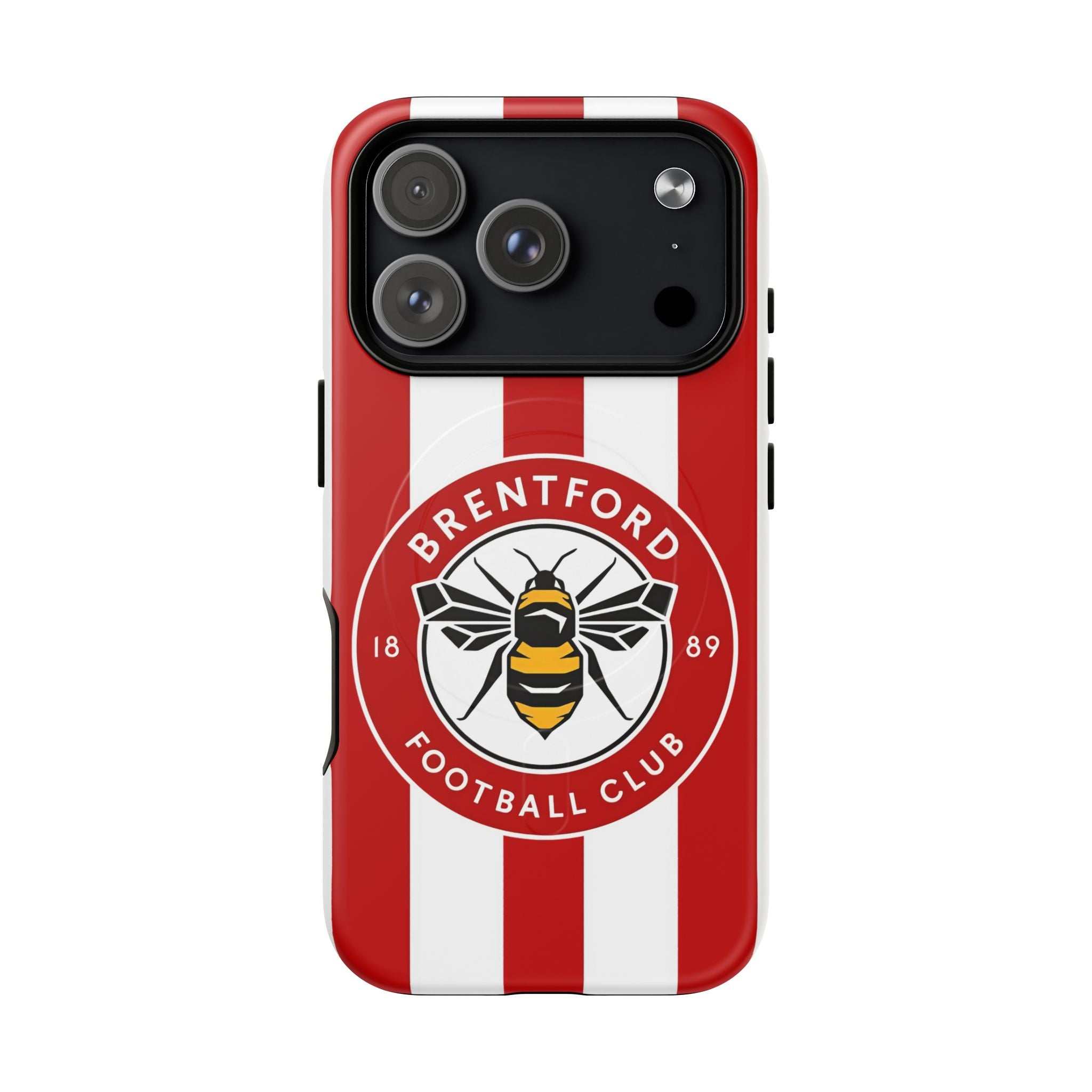 Brentford FC MagSafe iPhone case with red and white stripes and club crest, dual-layer protection, MagSafe compatible