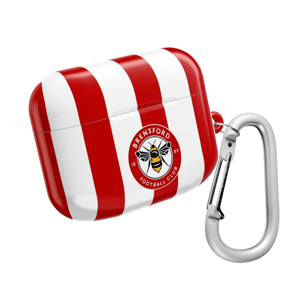 Brentford FC AirPods protective case with red and white stripes and bee crest, shock-resistant and wireless charging compatible