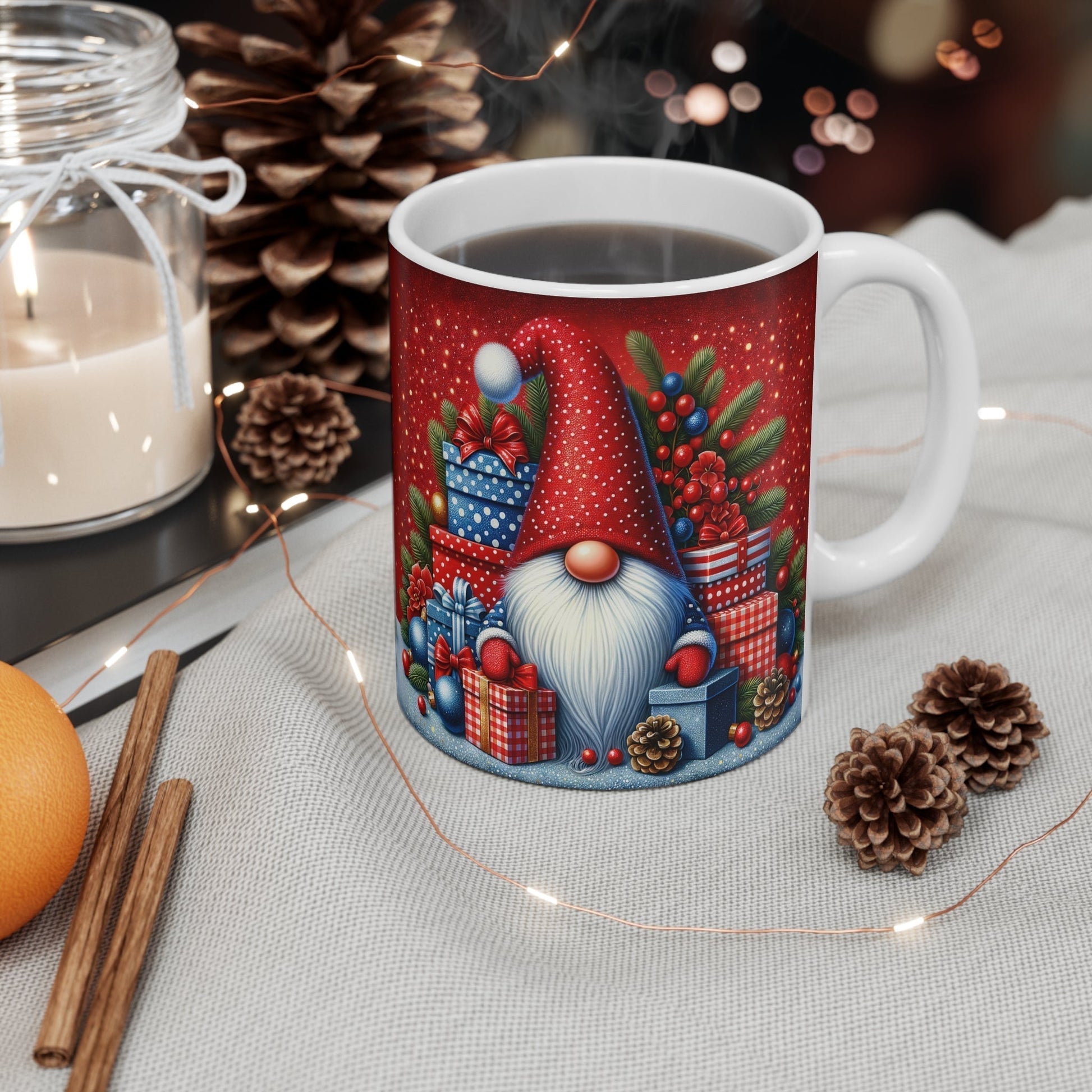 Christmas gnome mug with presents and festive design.