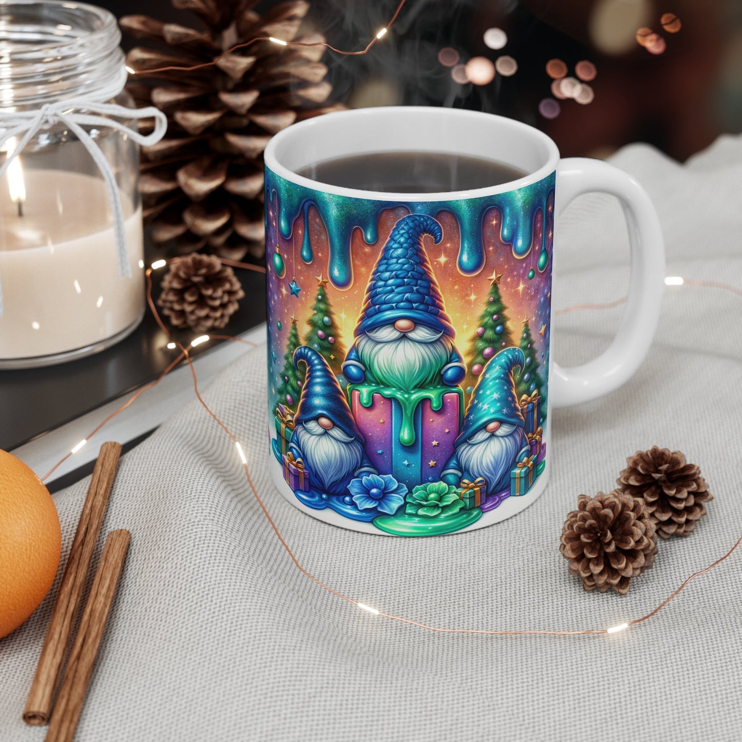 Christmas gnome mug with festive design and glossy finish, 11oz ceramic, sublimation printed, microwave and dishwasher safe.