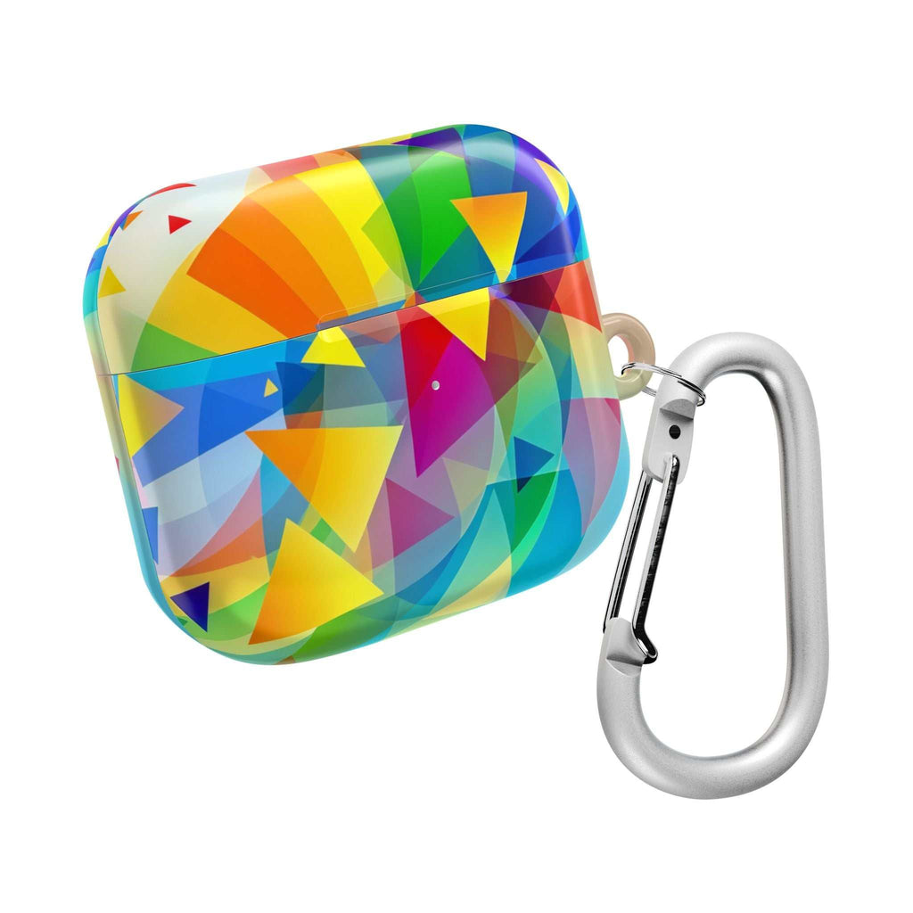 Vibrant geometric pride hard shell protective case for AirPods with colorful abstract design and carabiner clip