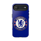 Chelsea FC MagSafe iPhone case with royal blue color and official-inspired crest, dual-layer protection, and wireless charging compatible