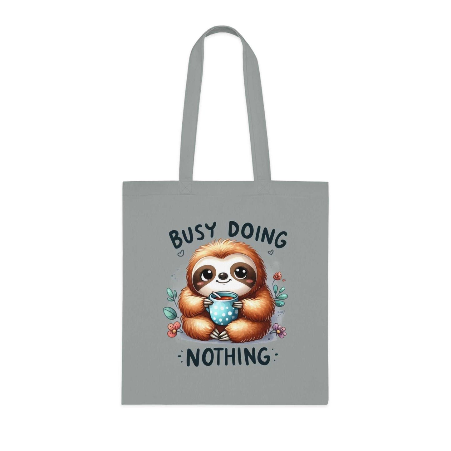 Cute sloth design cotton tote bag with reinforced handles, ideal for whimsical style lovers.