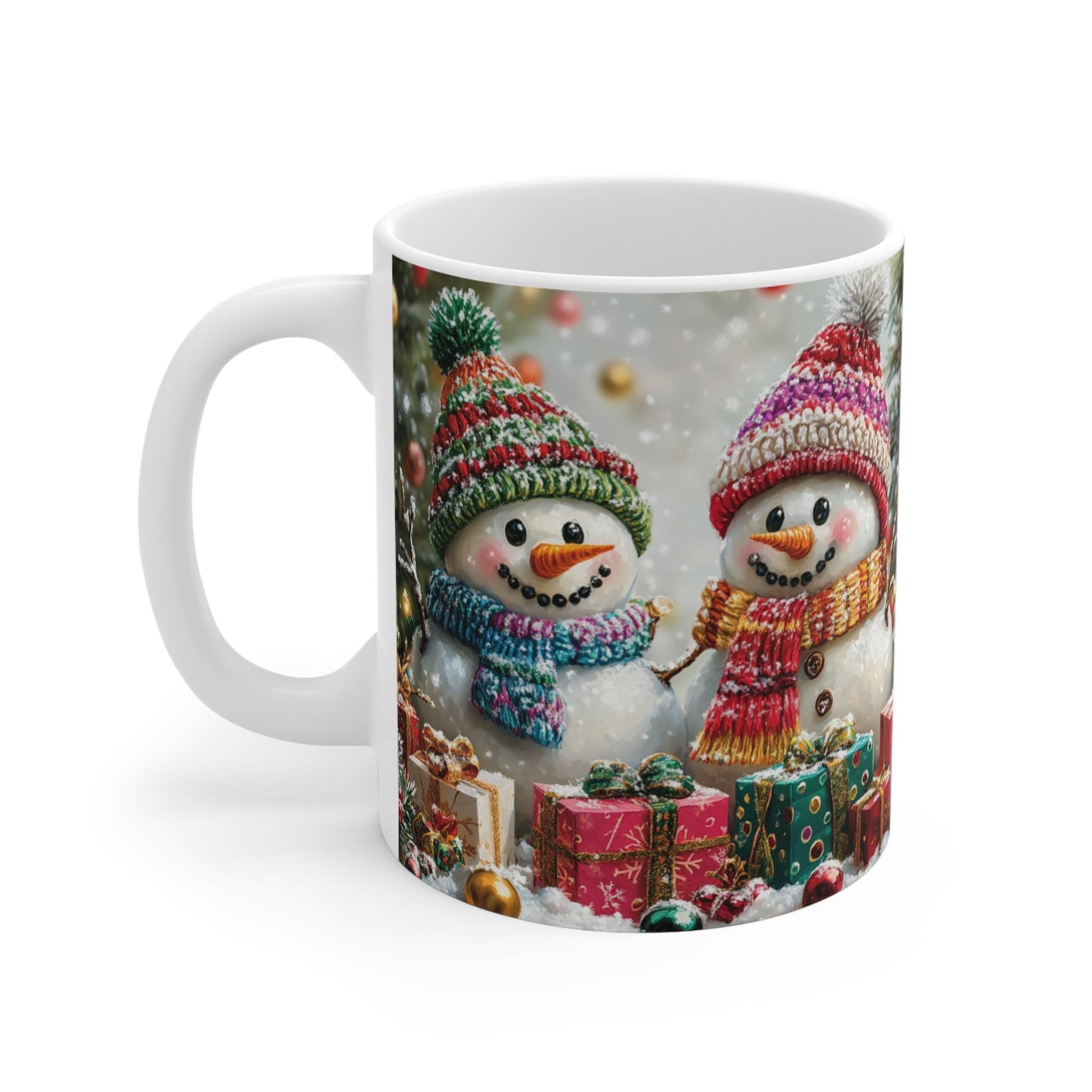 Cute snowman Christmas mug with festive design, perfect for hot cocoa during winter.