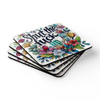 Shut The Fuck Up Coaster Set with colorful floral design, high-gloss MDF, cork back, 4-piece set.