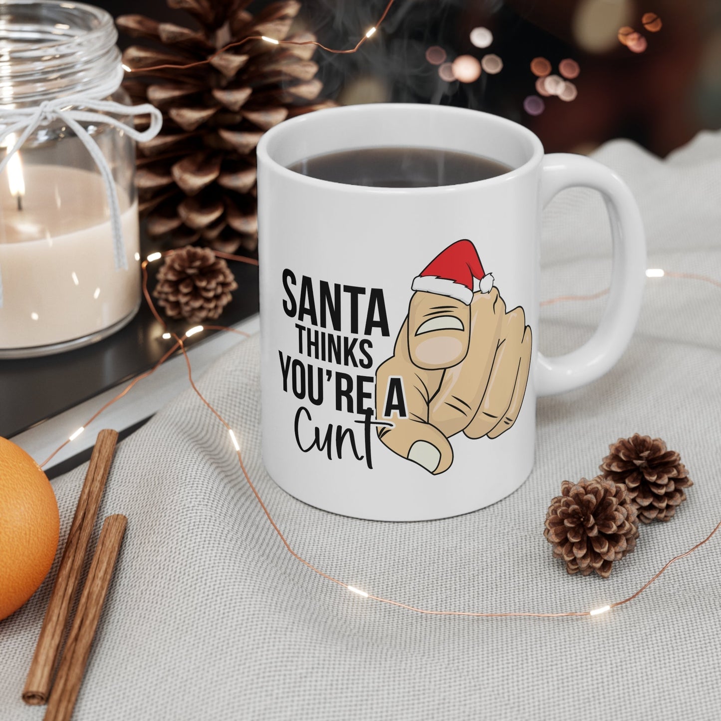 Rude Christmas Mug with cheeky festive design, 11oz ceramic, glossy finish.