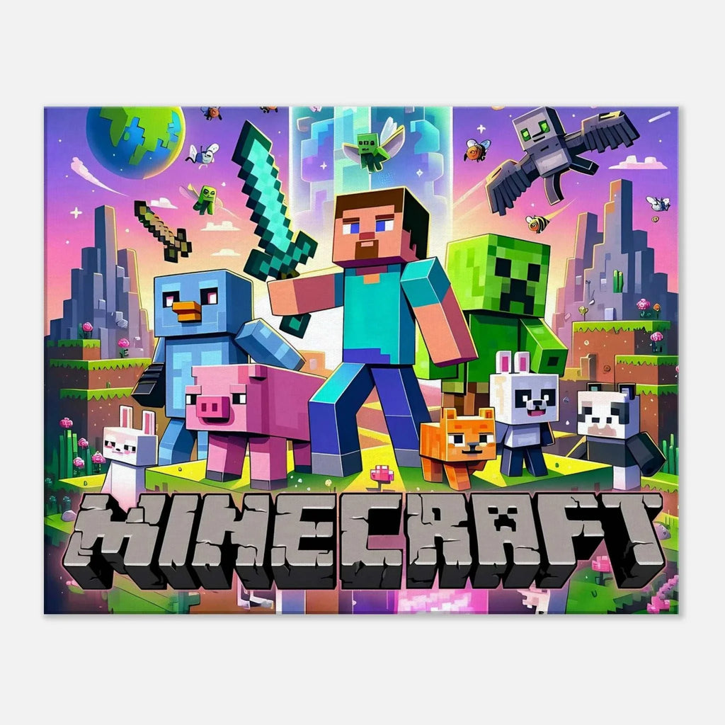 Vibrant Minecraft wall canvas featuring iconic pixelated scenes and characters.