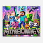 Vibrant Minecraft wall canvas featuring iconic pixelated scenes and characters.