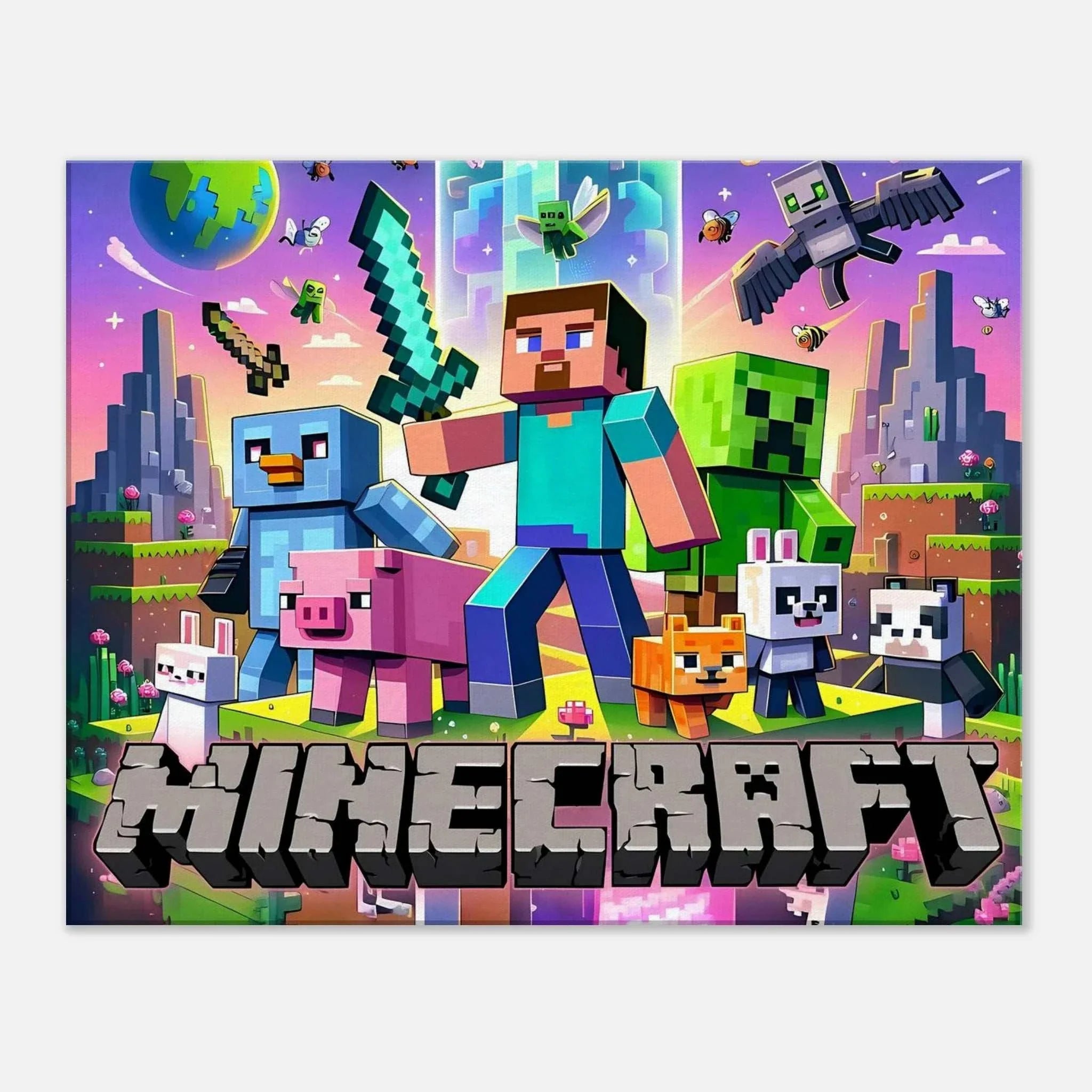 Vibrant Minecraft wall canvas featuring iconic pixelated scenes and characters.