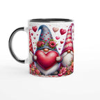 Adorable gnome Valentine's Day mug with cute heart and flower design.