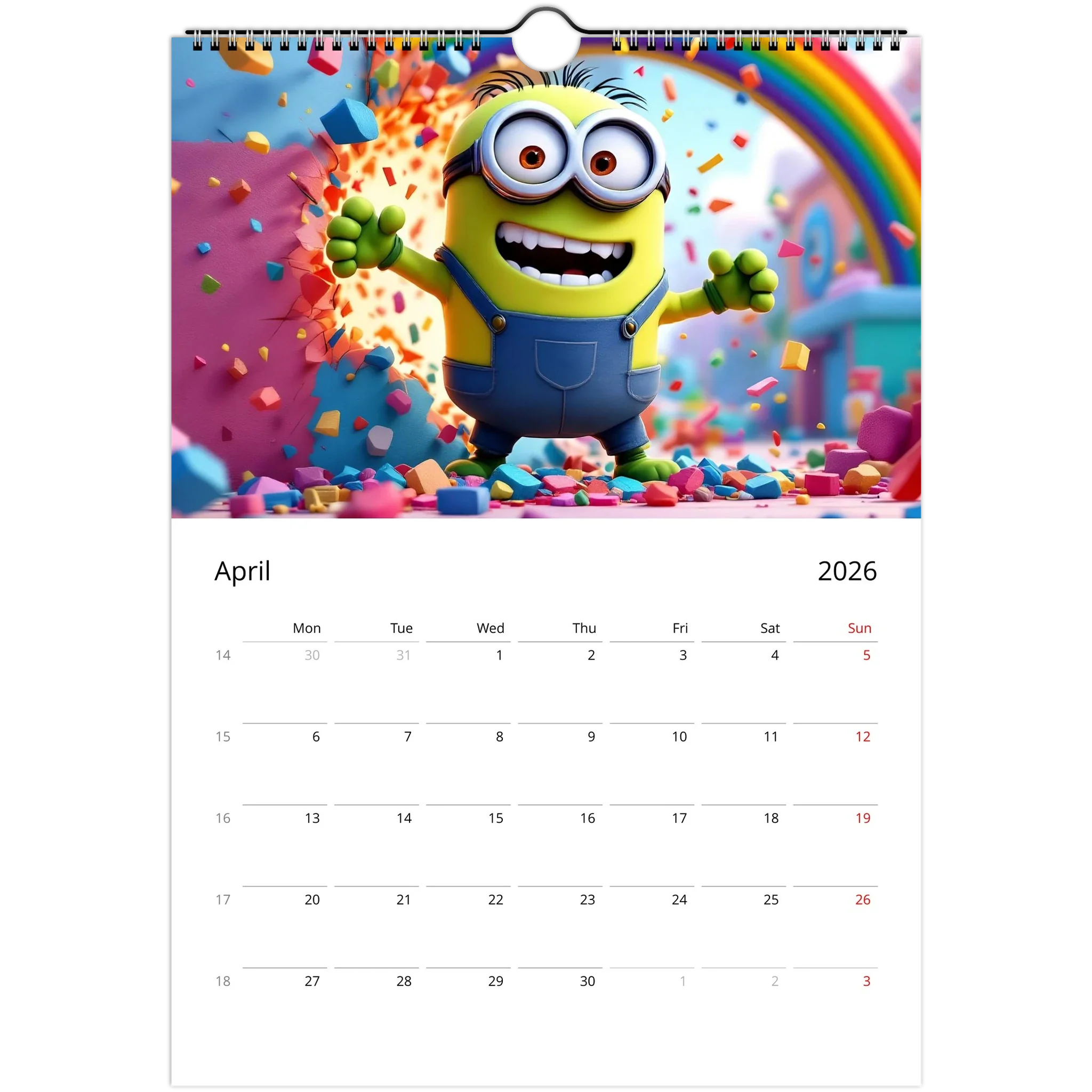 2026 Minions Superhero Wall calendar with colorful superhero Minion illustration and monthly date grid for April