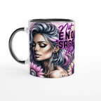 Not Enough Sage Motivational Coffee Cup with colorful rim and inspirational design on white ceramic mug.