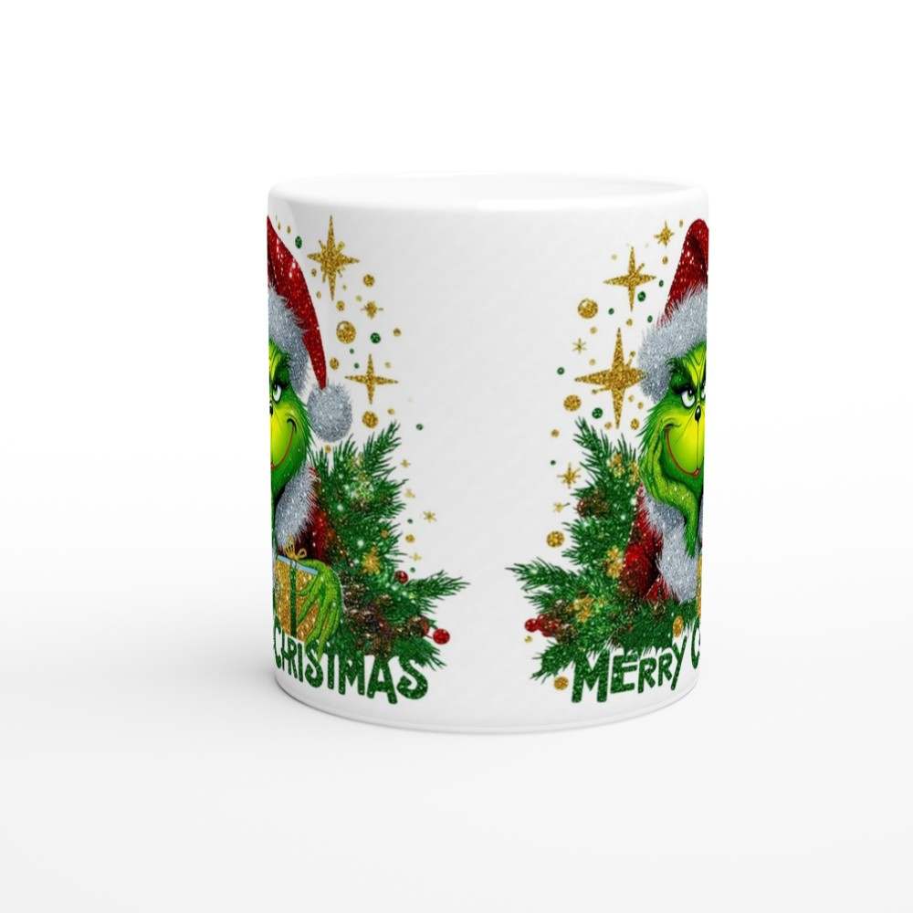 Grinch Merry Christmas Mug with festive design, 11oz ceramic, glossy finish, microwave and dishwasher safe.