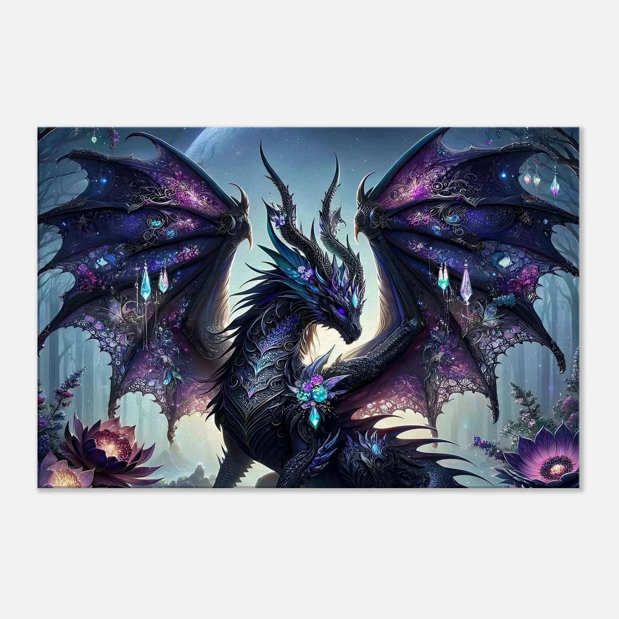 Black Gem Dragon Wall Canvas with shimmering gems and vibrant colors, ideal for fantasy fans.