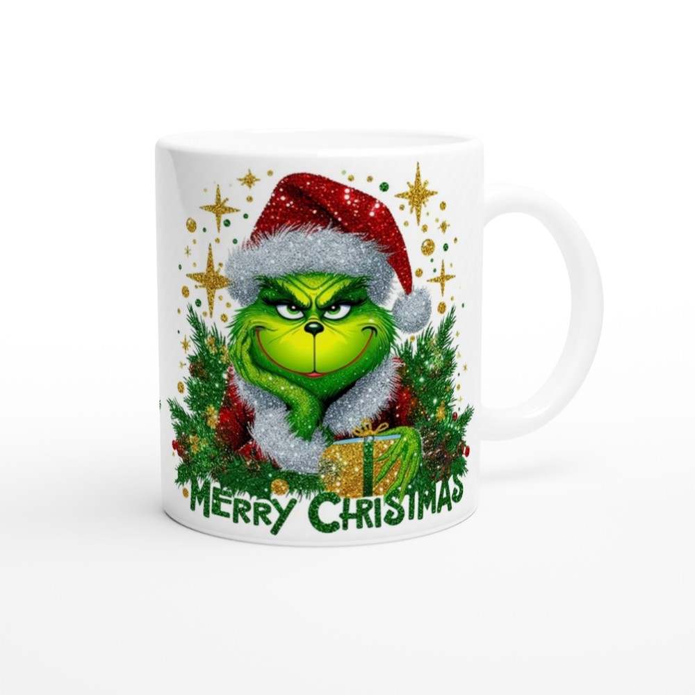 Grinch Merry Christmas Mug with festive design, 11oz ceramic, glossy finish.