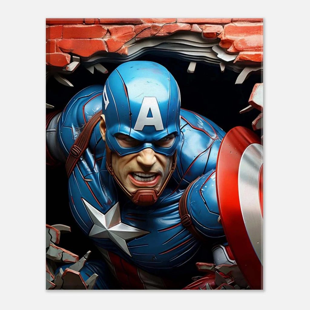 Captain America wall canvas featuring bold, dynamic superhero artwork with vibrant colors and durable design.