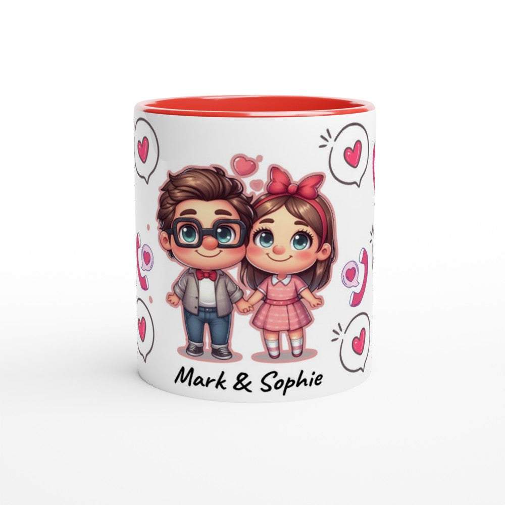 Cute personalized Valentines mug with cartoon couple design, colorful heart accents, and custom names; perfect ceramic coffee cup gift.