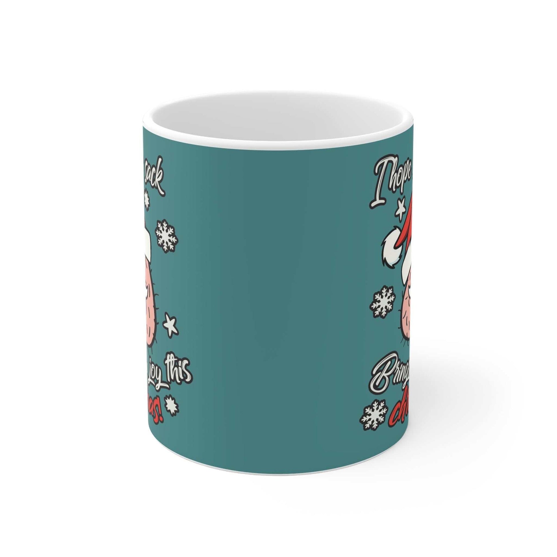 Santas Sack Christmas Mug with festive design on teal background, 11oz ceramic, glossy finish.